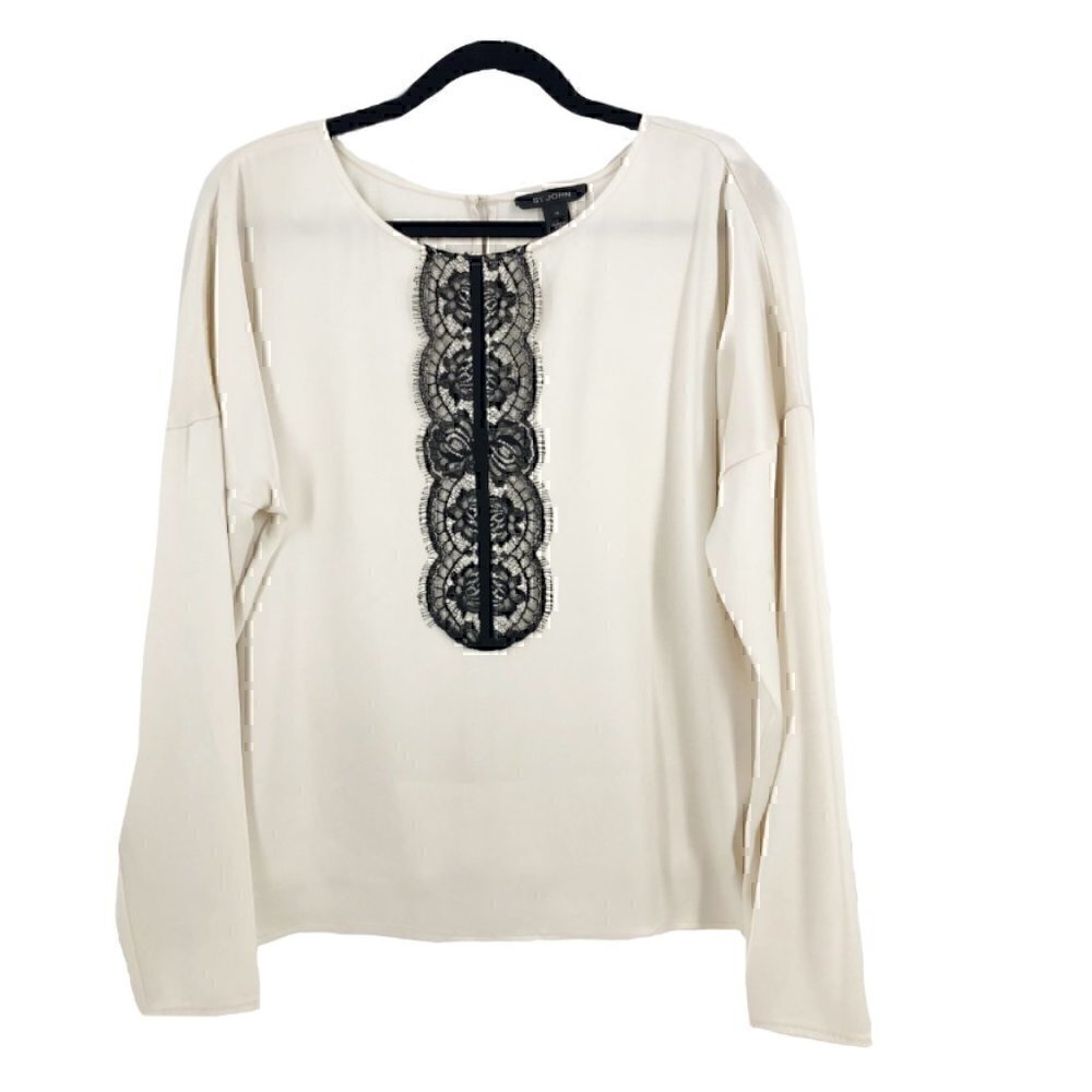 St. John Long Sleeve Blouse Sz 14 Ivory/Black‌‌‌‌‌‌‌‌‌‌‌